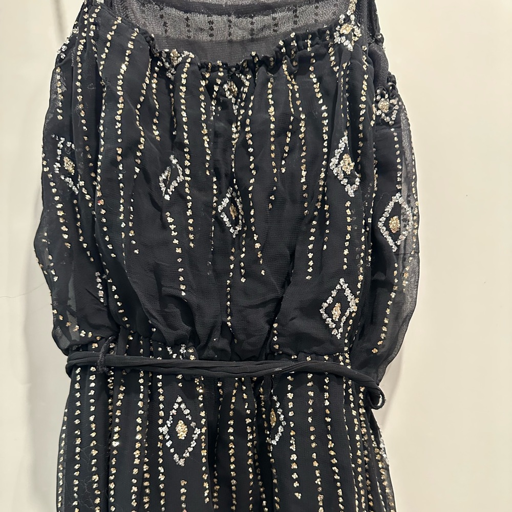 Vintage sparkly Aztec boho black shiny dress layered rhinestone strap